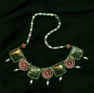 Glyph necklace with rhodochrosite and pearls